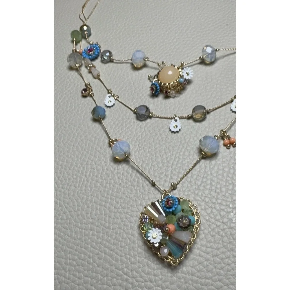 Betsey Johnson Layered Gold Charm Necklace Multi Strand Colorful Pendant EUC